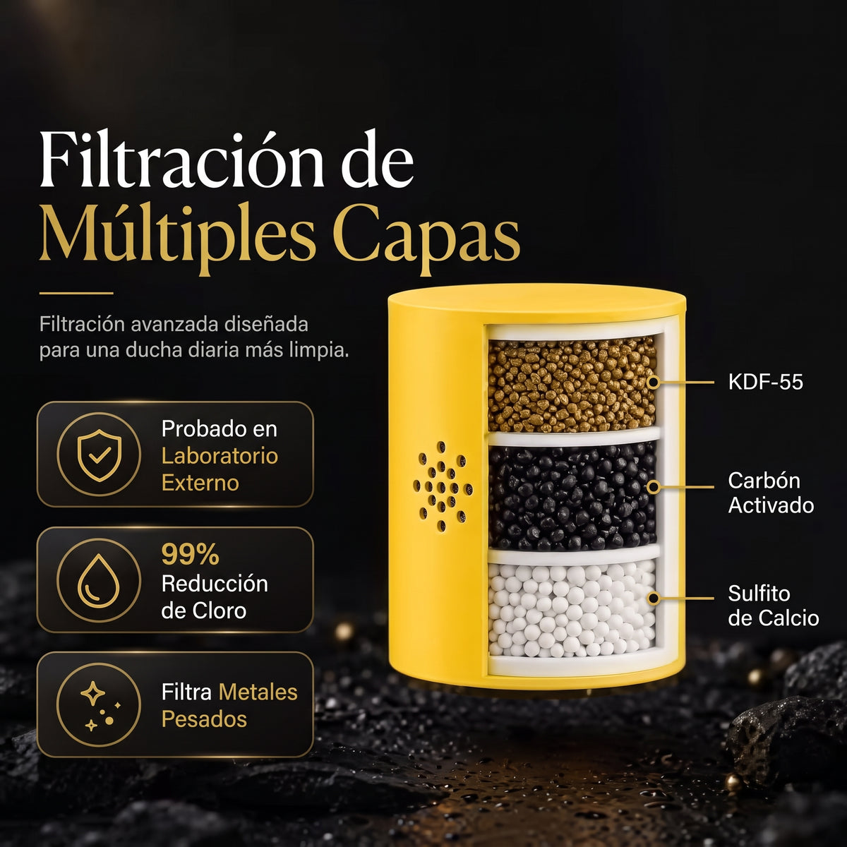 CAUCE · Cabezal con filtro — Menos cloro desde la primera ducha
